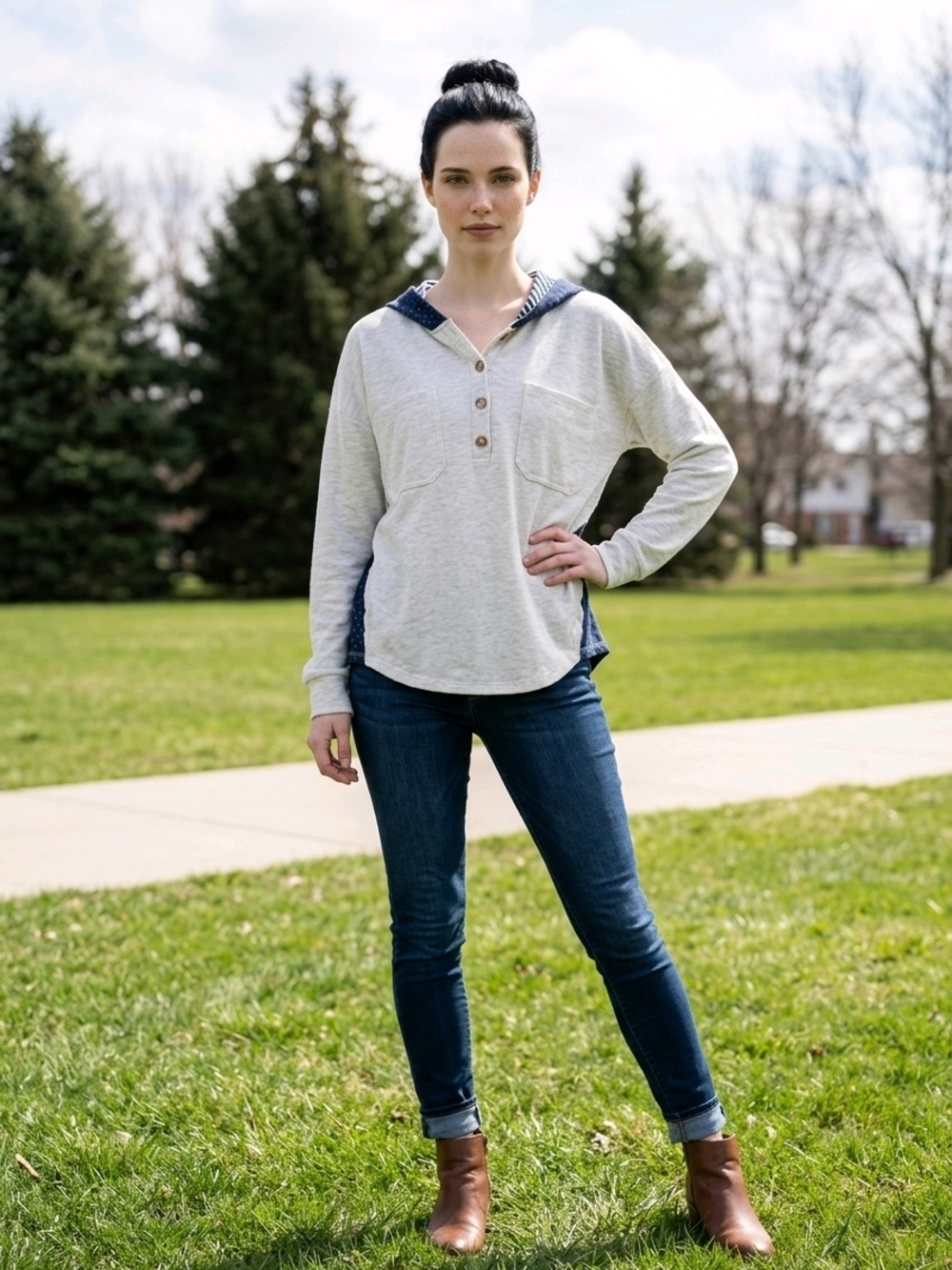 Hem & Thread Cream Pullover Hoodie with Navy Trim